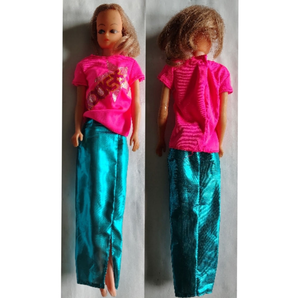 Vintage Blonde Hair Doll Pink Rock Shirt Blue Maxi Skirt Hong Kong Unbranded